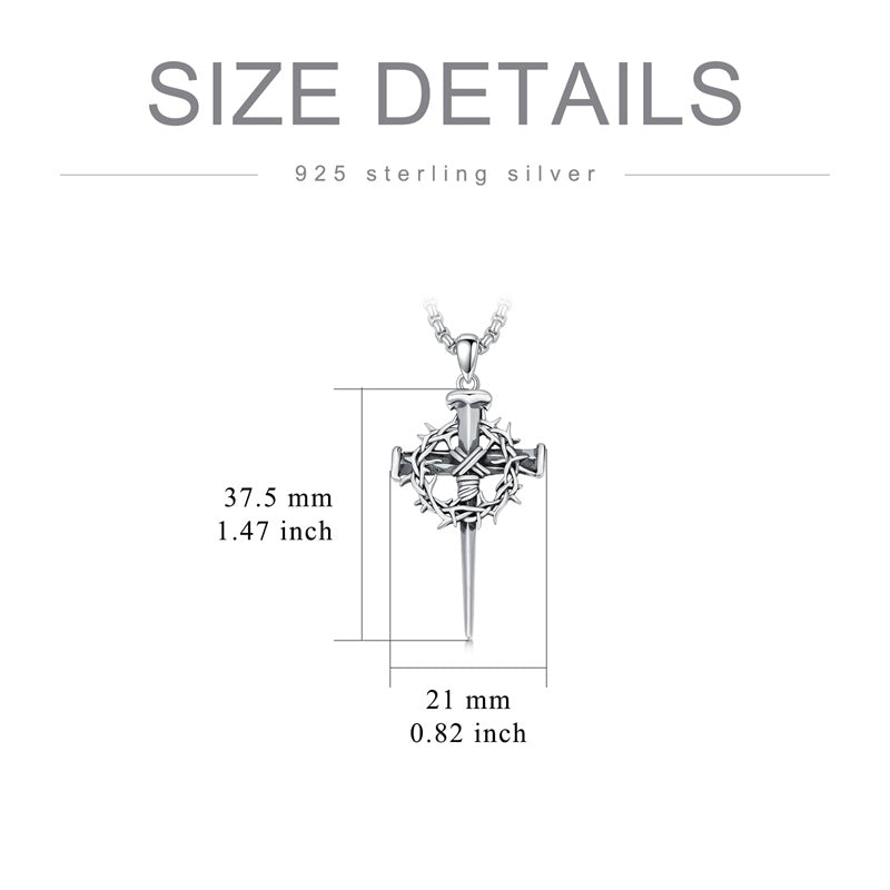 Sterling Silver Crown of Thorn Three Nail Cross Pendant Necklace