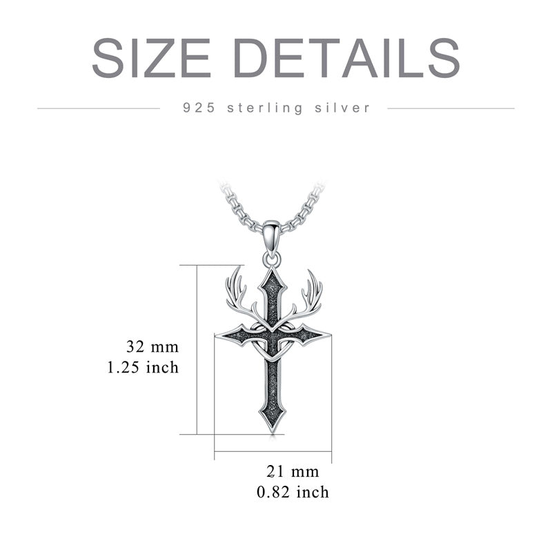 Sterling Silver  Deer_Antler Cross Pendant Necklace