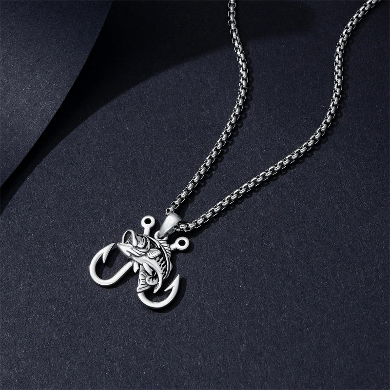 Sterling Silver Antler Fish Hook Pendant Necklace for Men