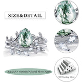 Sterling Silver Pear Kite Round Oval Cut Natural Moss Agate Leaf Engagement Wedding Promise Ring Set