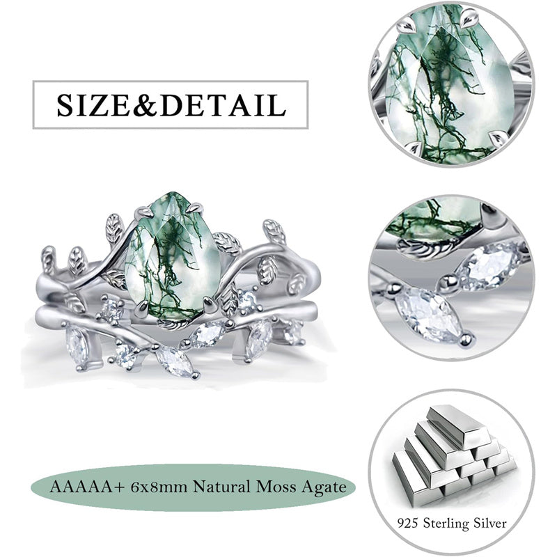 Sterling Silver Pear Kite Round Oval Cut Natural Moss Agate Leaf Engagement Wedding Promise Ring Set