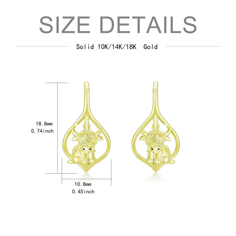 10K 14K 18K Solid Gold Highland Cow Leverback Earrings