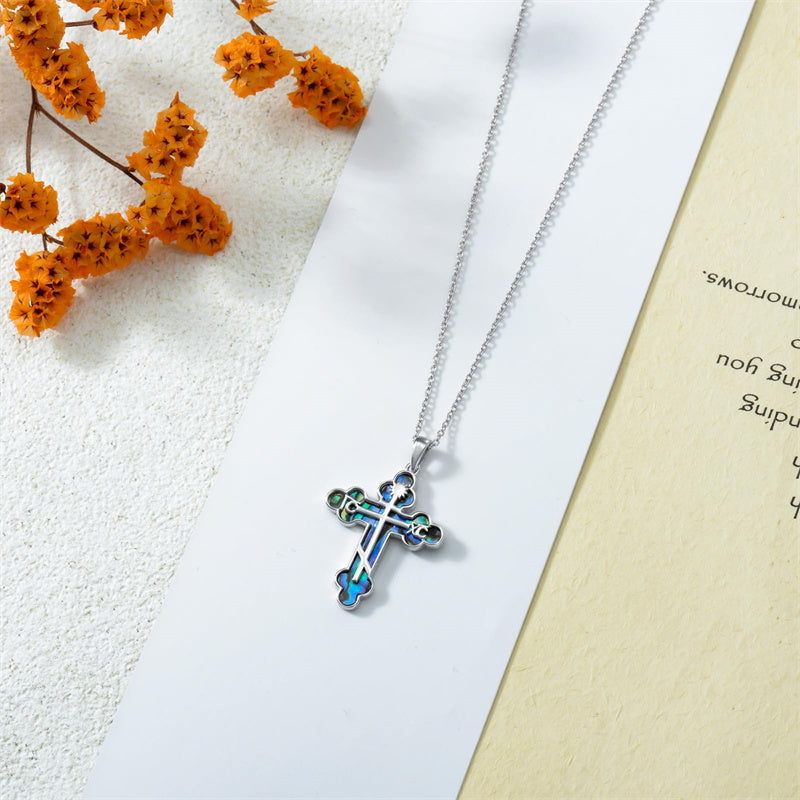 Sterling Silver  Abalone Shell Eastern Orthodox Cross Religious Pendant Necklace