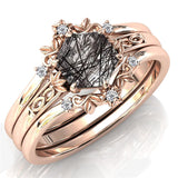 Sterling Silver 10K 14K 18K Personalized Engraved 2CT Natural Black Rutilated Quartz Engagement Ring Set