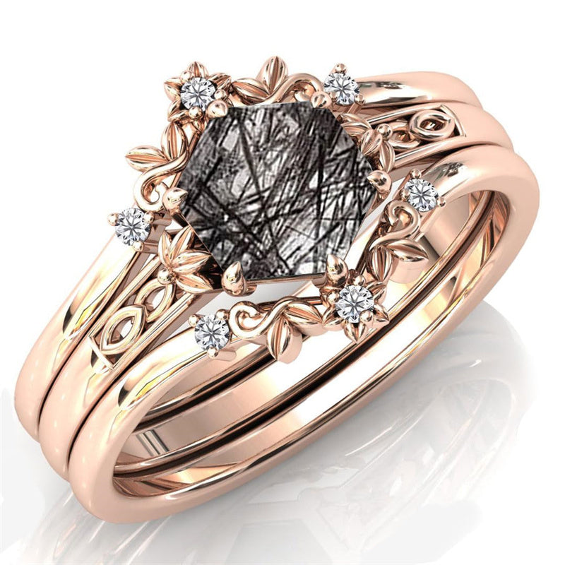 Sterling Silver 10K 14K 18K Personalized Engraved 2CT Natural Black Rutilated Quartz Engagement Ring Set