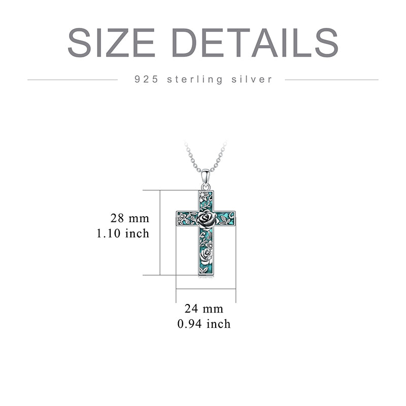 Sterling Silver Turquoise Personalized Engraved 12 Month Birth Flower Cross Pendant Necklace