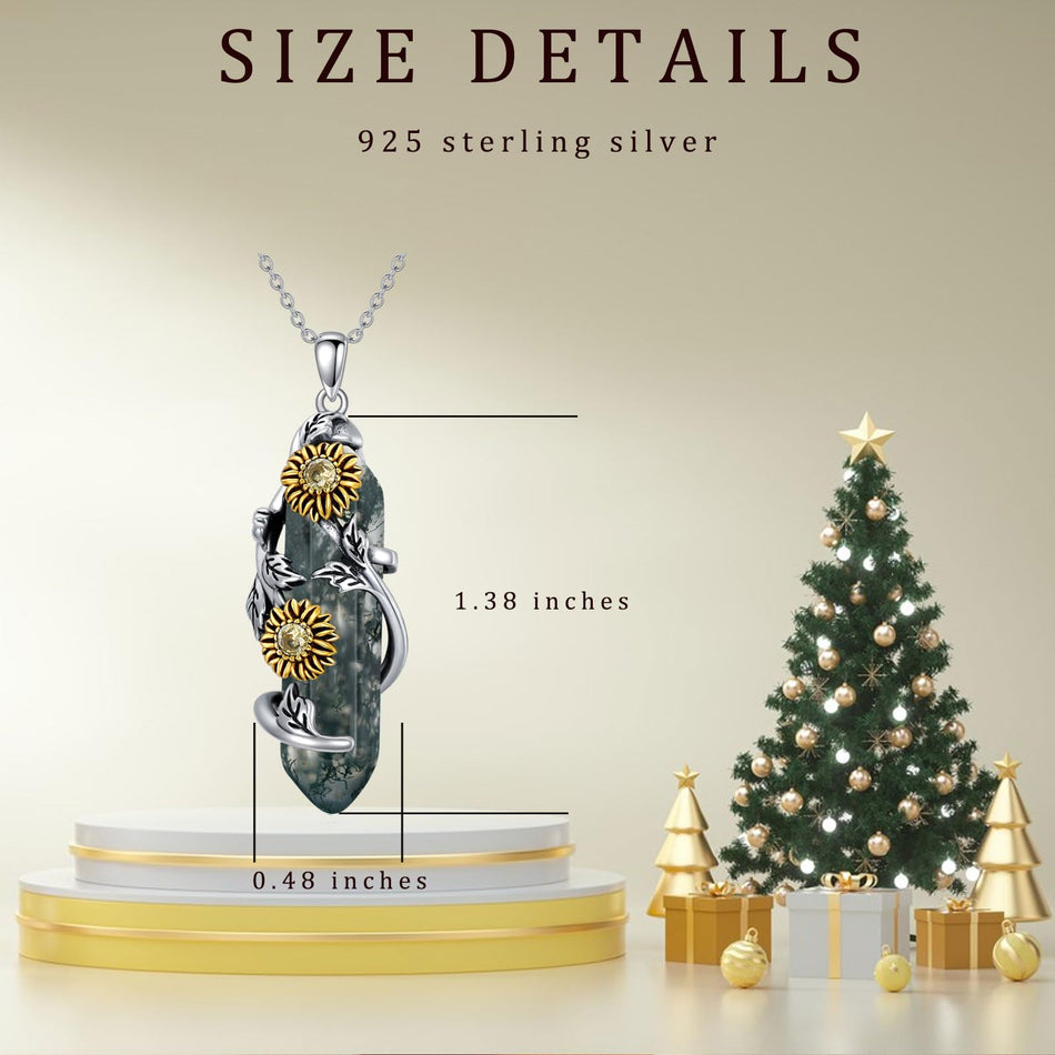 Sterling Silver Moss Agate Sunflower Pendant Necklace