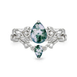 Sterling Silver 10K 14K 18K Gold Pear Cut Gemstone Leaf  Engagement Ring Set