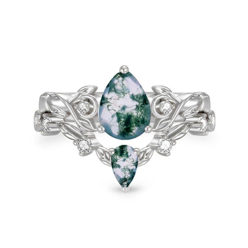 Sterling Silver 10K 14K 18K Gold Pear Cut Gemstone Leaf  Engagement Ring Set