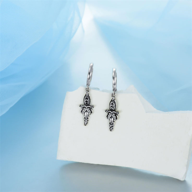 Sterling Silver Medieval Sword Dangle Cross Knives  Ankh Drop Earrings