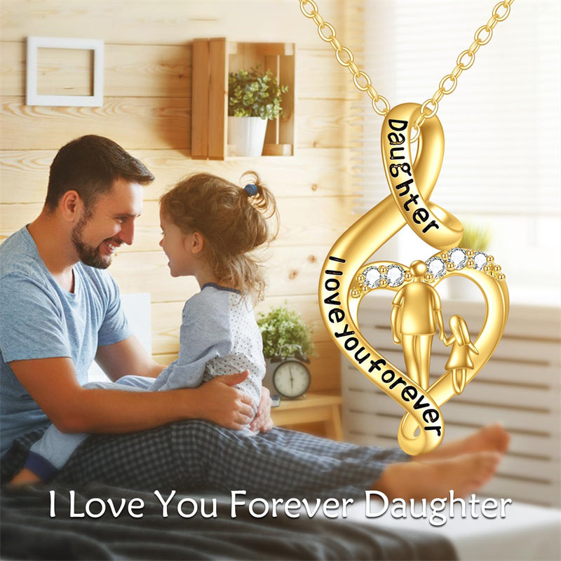 10K 14K 18K Gold Father Daughter Heart Pendant Necklace For Gift