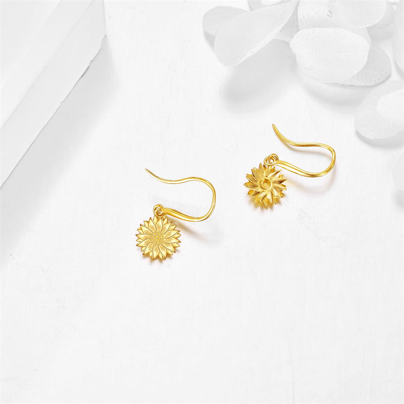 14K Yellow Gold Sunflower Dangle Earrings