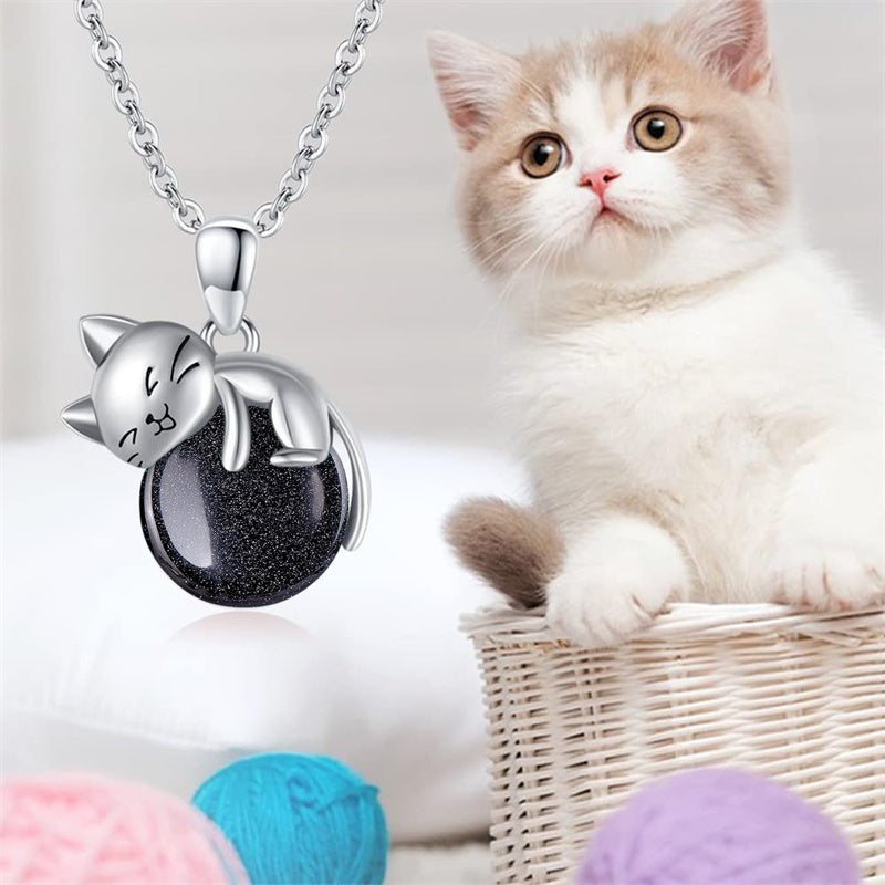 Sterling Silver Turquoise Larimar Labradorite Moss Agate Blue Sandstone  Cat Pendant Necklace