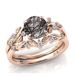 Sterling Silver 10K 14K 18K Personalized Engraved 2CT Natural Black Rutilated Quartz Engagement Ring Set