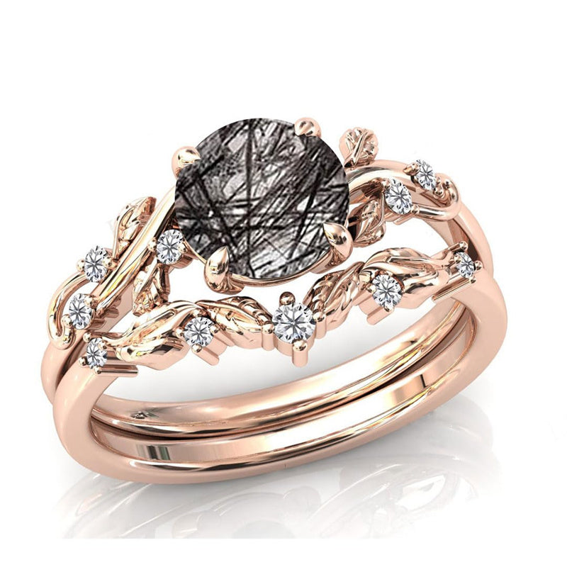 Sterling Silver 10K 14K 18K Personalized Engraved 2CT Natural Black Rutilated Quartz Engagement Ring Set