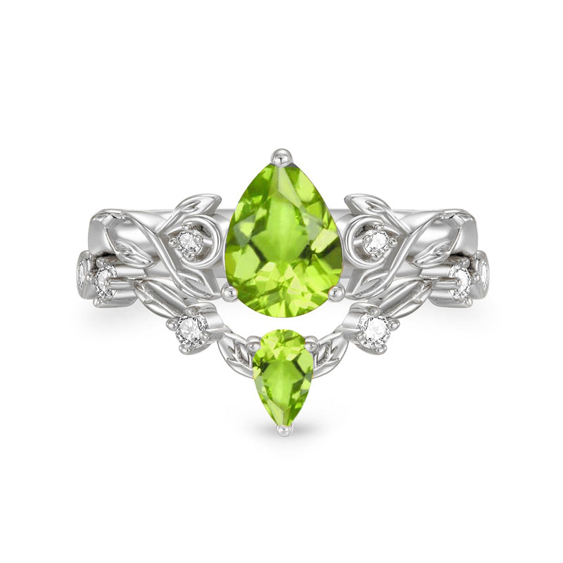 Sterling Silver 10K 14K 18K Gold Pear Cut Gemstone Leaf  Engagement Ring Set