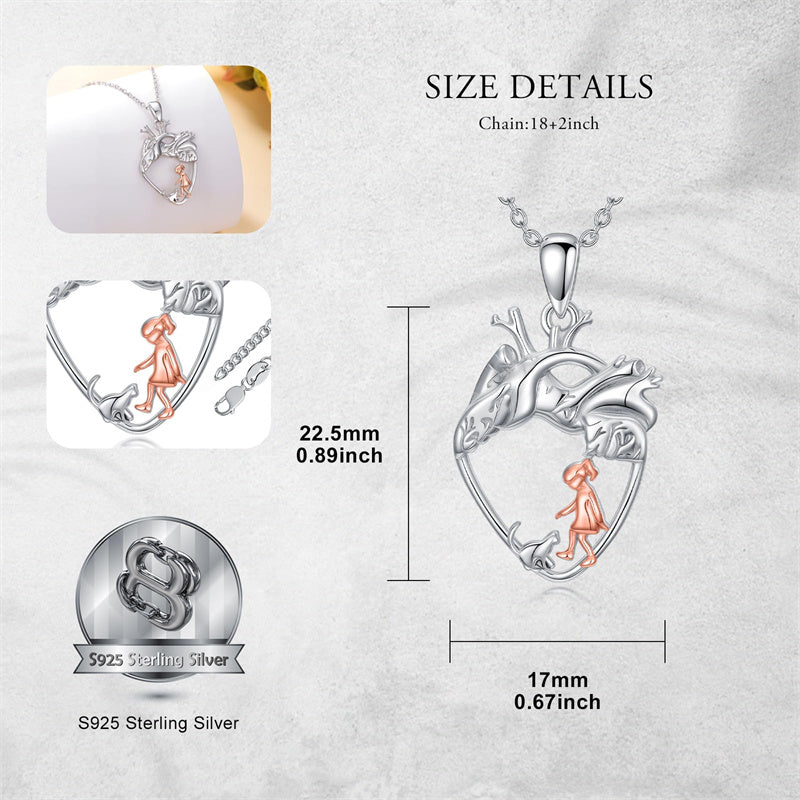 Sterling Silver Anatomical Heart Girl withr Dog Cat Pendant Necklace
