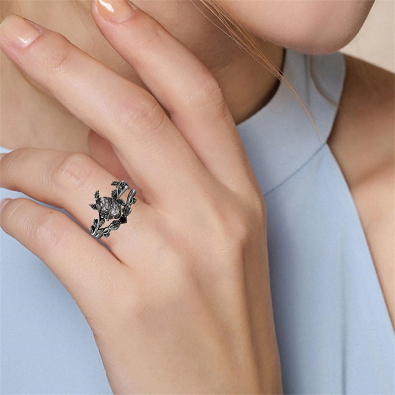 Sterling Silver 10K 14K 18K Personalized Engraved 2CT Natural Black Rutilated Quartz Engagement Ring Set