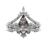 Sterling Silver 10K 14K 18K Personalized Engraved 2CT Natural Black Rutilated Quartz Engagement Ring Set