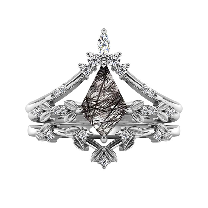 Sterling Silver 10K 14K 18K Personalized Engraved 2CT Natural Black Rutilated Quartz Engagement Ring Set