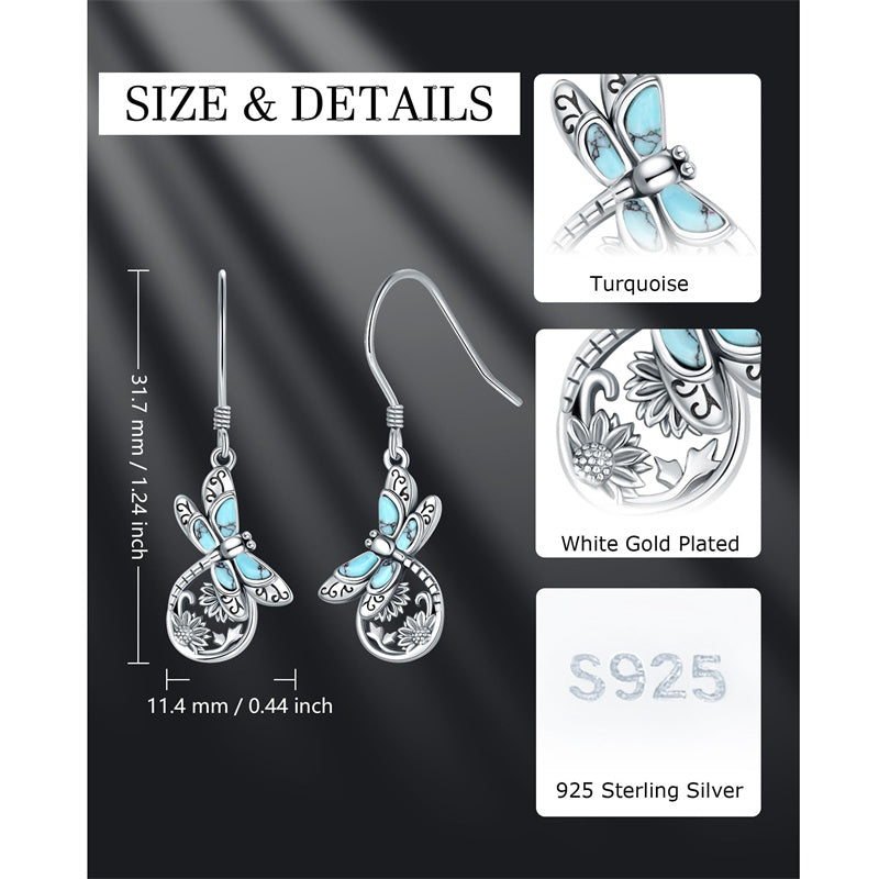 Sterling Silver Vintage Black Onyx Dragonfly Sunflower Spoon Ring and Turquoise Dragonfly Earrings Set