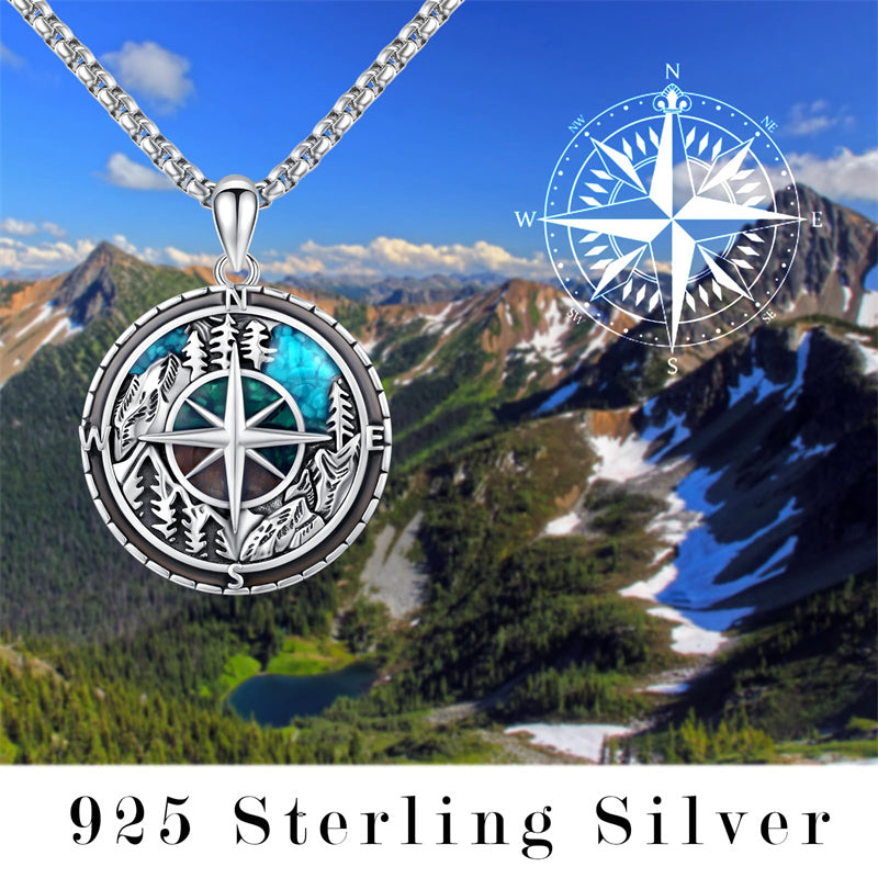 Sterling Silver Mountain & Compass Pendant Necklace