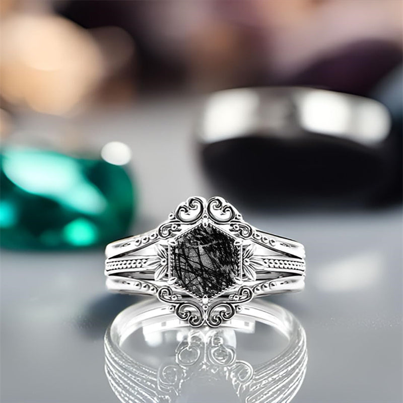 Sterling Silver 10K 14K 18K Personalized Engraved 2CT Natural Black Rutilated Quartz Engagement Ring Set