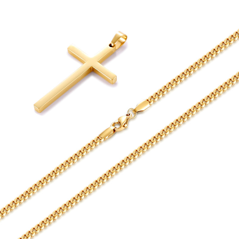 Sterling Silver Cross Pendant Necklace with 3.0mm Stainless Steel Cuban Chain