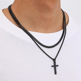 Sterling Silver Layered Cross Necklace for Men with Stainless Steel Cuban Link Rope Chain