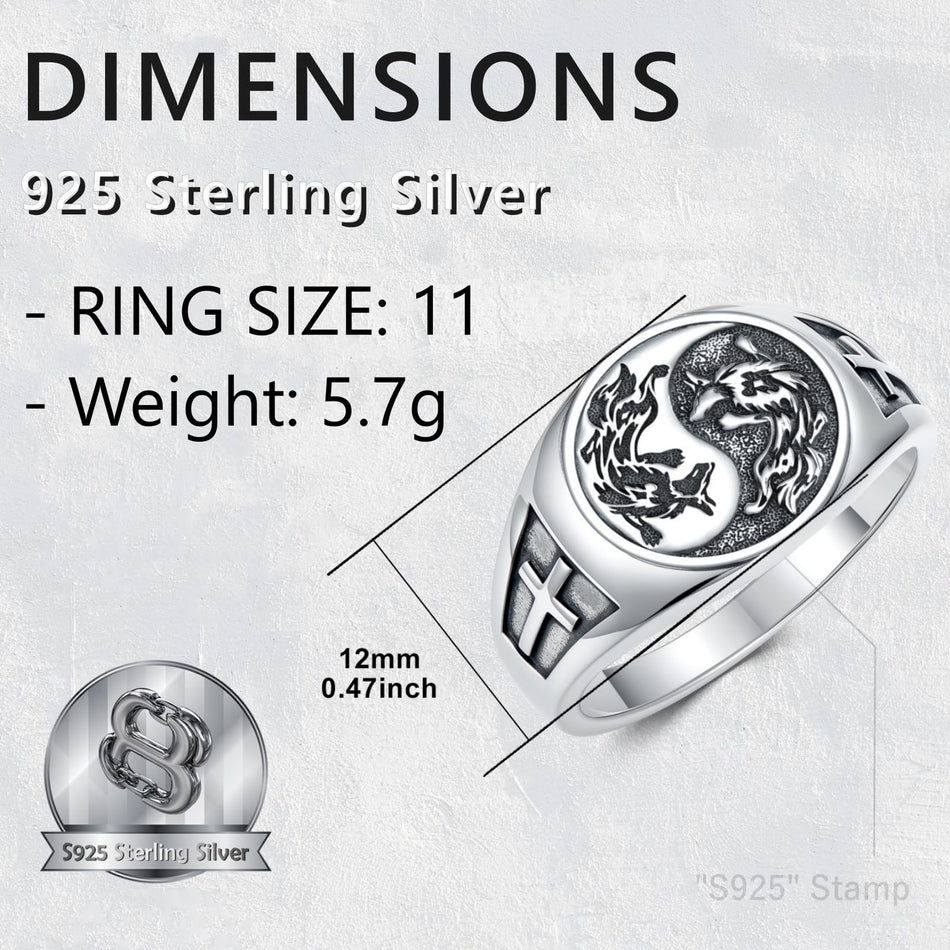 Sterling Silver Yin Yang Cross Wolf Ring for Men