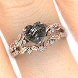 Sterling Silver 10K 14K 18K Gold Personalized Engraved Natural Heart Black Rutilated Quartz Engagement Ring Set