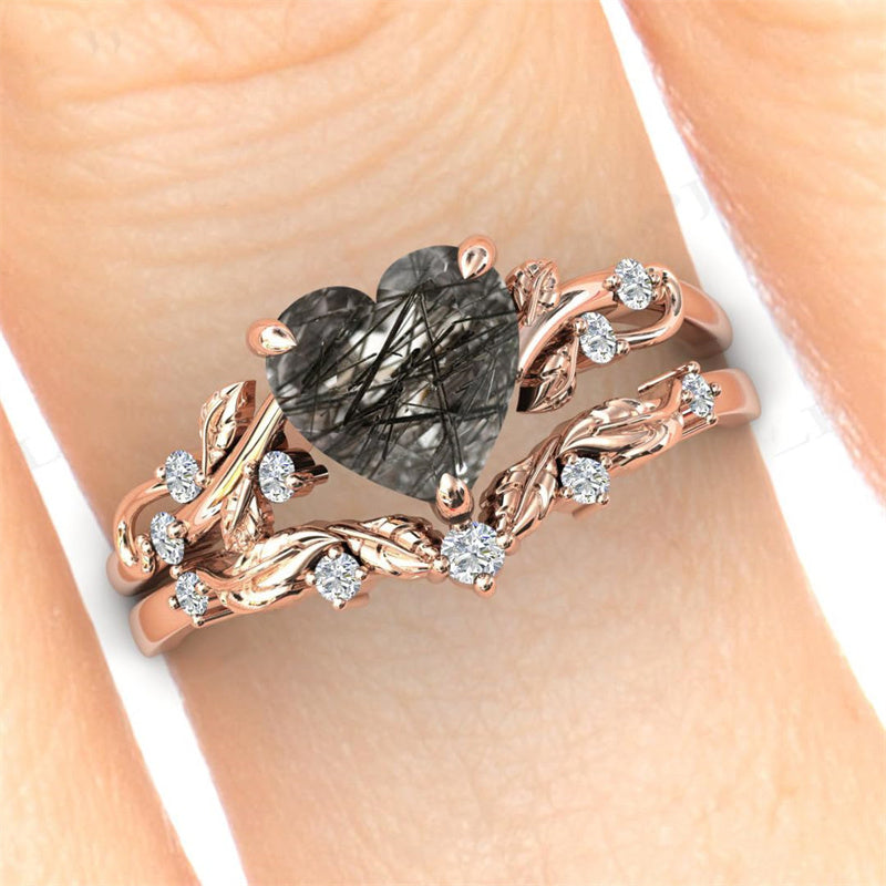 Sterling Silver 10K 14K 18K Gold Personalized Engraved Natural Heart Black Rutilated Quartz Engagement Ring Set
