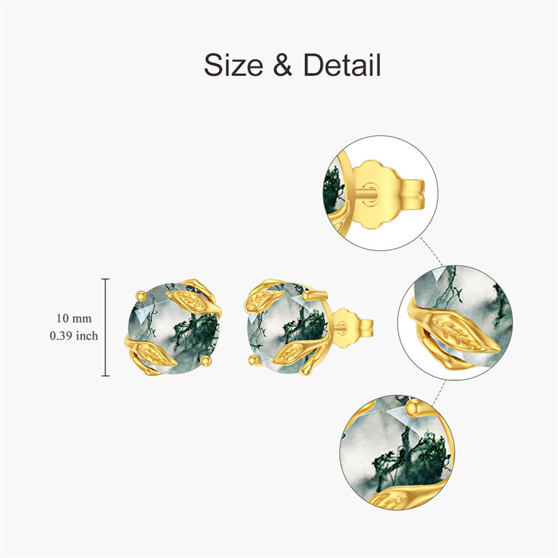 10K 14K 18K Gold Moss Agate Stud Earrings