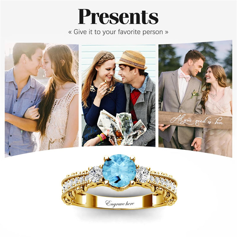 Sterling Silver 10K 14K 18K Personalized Engraved 1 Carat  Round Birthstone Engagement Ring