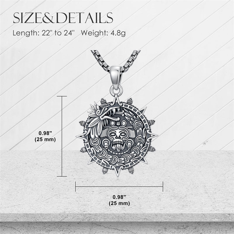 Sterling Silver Mictlantecuhtli Quetzalcoatl Tezcatlipoca Skull Pendant Necklace Aztec Jewelry For Men
