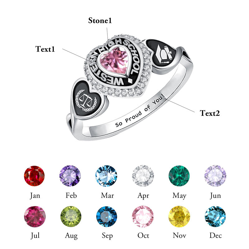 Sterling Silver Personalized Pattern Engraved Birthstone Class Ring for Women