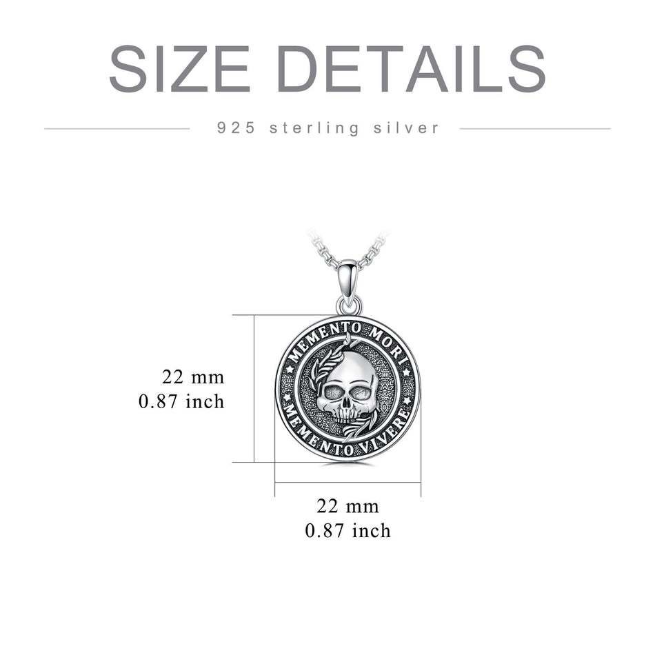 Sterling Silver Gothic Skull Memento Mori Pendant Necklace with Engraved Word