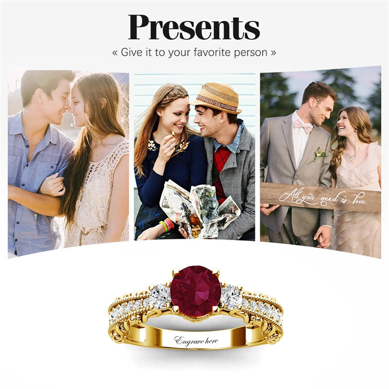 Sterling Silver 10K 14K 18K Personalized Engraved 1 Carat  Round Birthstone Engagement Ring