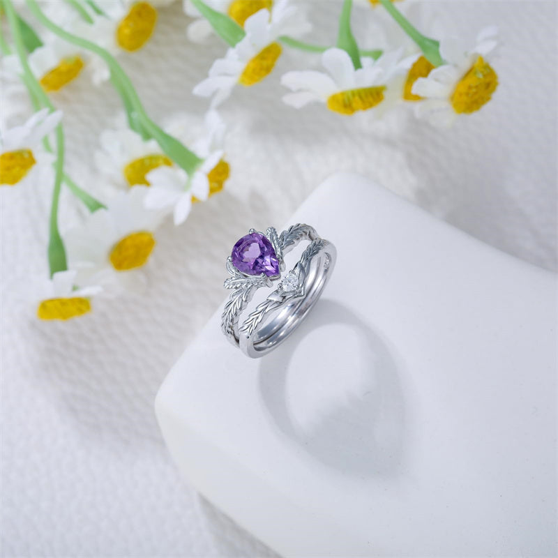 Sterling Silver Pear Cut Vine Leaf Gemstone Engagement Rings Set for Women
