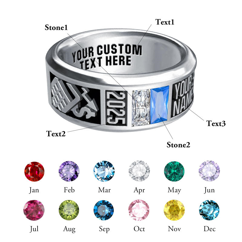 Sterling Silver Personalized 2 Birthstone Engraved 2025 Class Ring