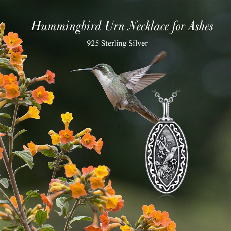 Sterling Silver Personalized Engraved Hummingbird Urn Necklaces for Ashes