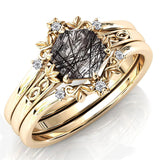 Sterling Silver 10K 14K 18K Personalized Engraved 2CT Natural Black Rutilated Quartz Engagement Ring Set