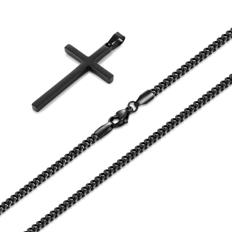 Sterling Silver Cross Pendant Necklace with 3.0mm Stainless Steel Cuban Chain