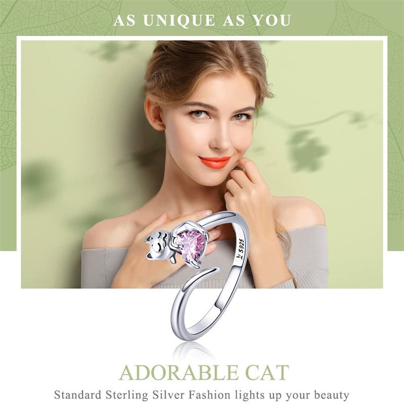Sterling Silver Cute Cat Adjustable Ring for Women