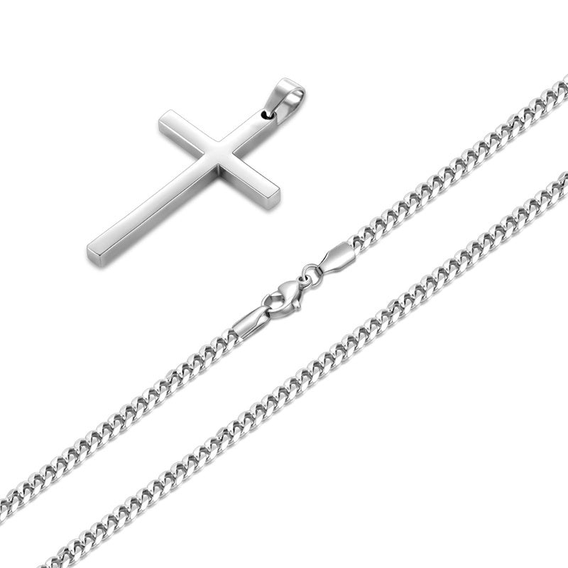 Sterling Silver Cross Pendant Necklace with 3.0mm Stainless Steel Cuban Chain