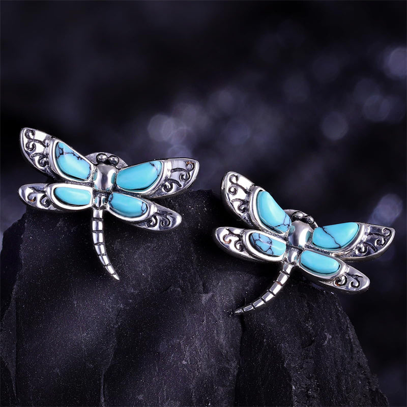 Sterling Silver White Turquoise Dragonfly Spoon Ring and Dragonfly Sunflower Stud Earrings