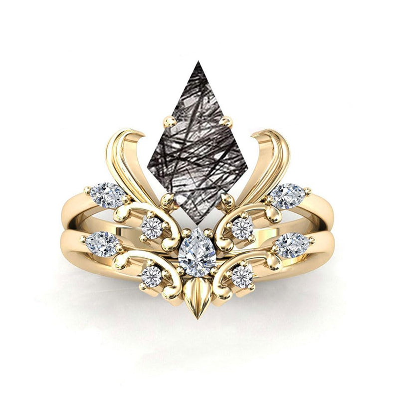 Sterling Silver 10K 14K 18K Personalized Engraved 2CT Natural Black Rutilated Quartz Engagement Ring Set