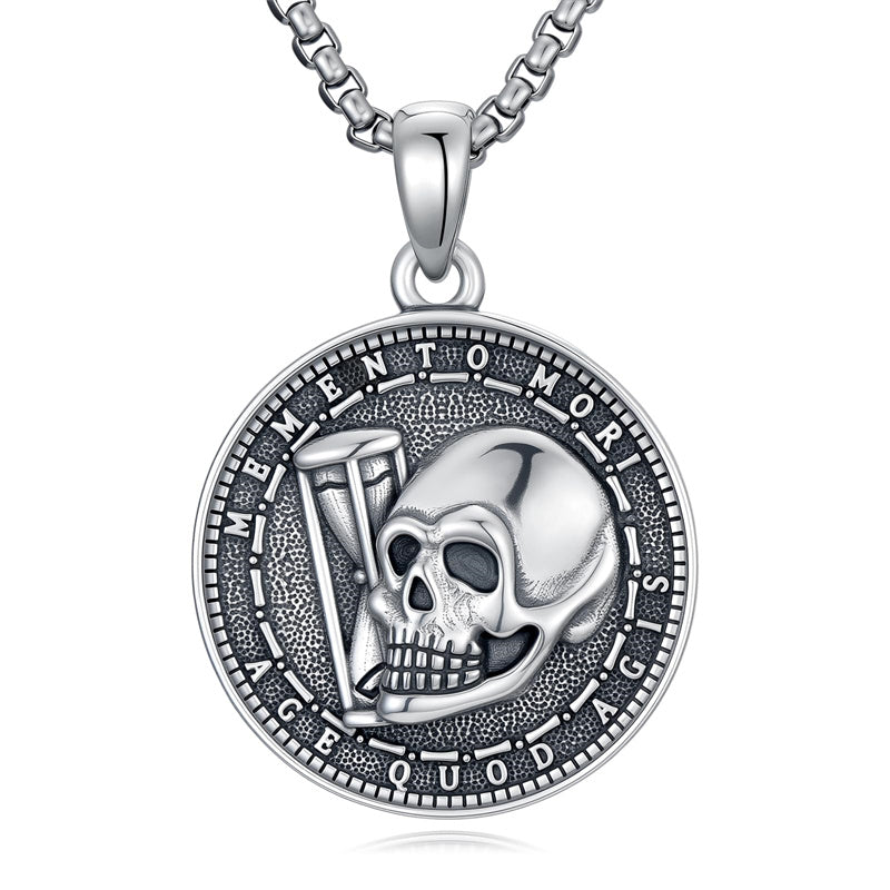 Sterling Silver Memento Mori Gothic Skull Amulet Pendant Necklace for Men