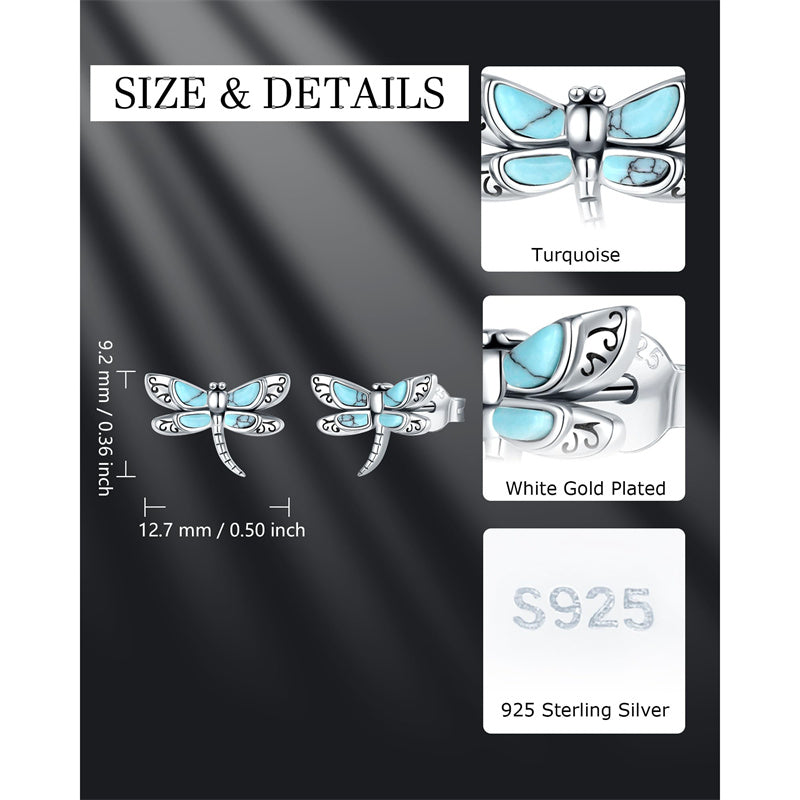 Sterling Silver Vintage Black Onyx Dragonfly Sunflower Spoon Ring and Turquoise Dragonfly Stud Earrings Set