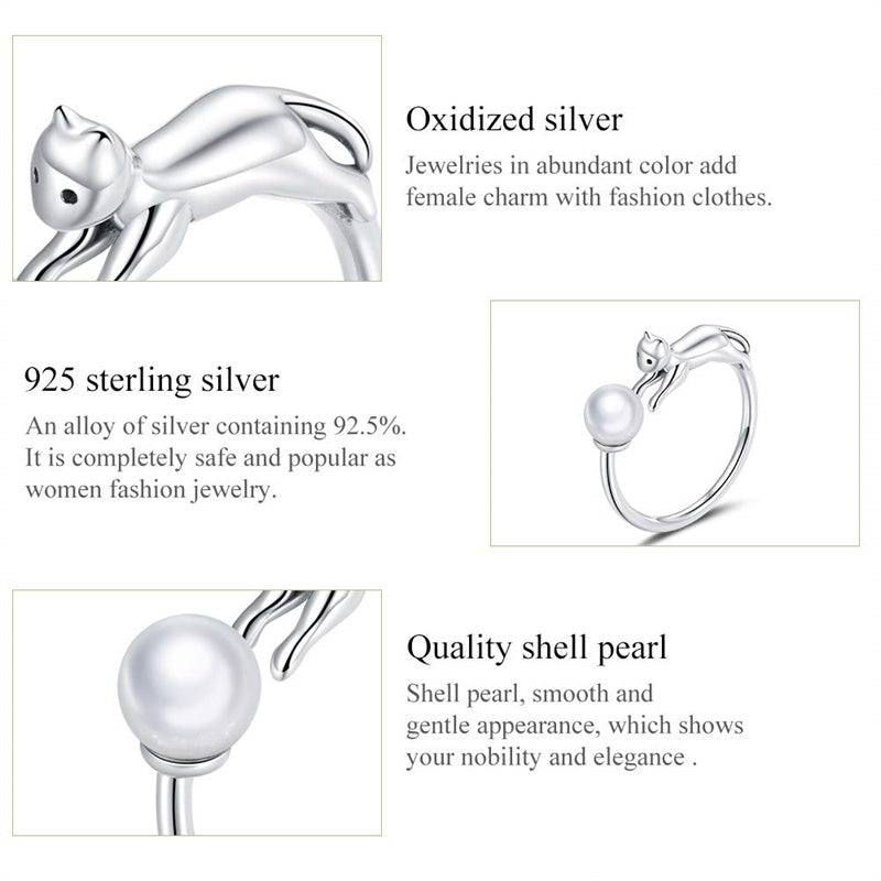 Sterling Silver Cute Cat Adjustable Ring for Women